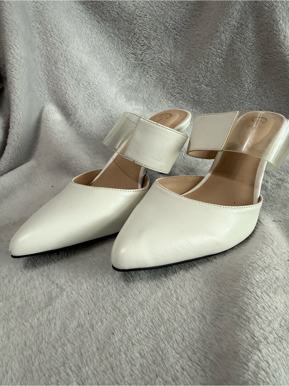 Women's White Pointed Heels with Clear Strap